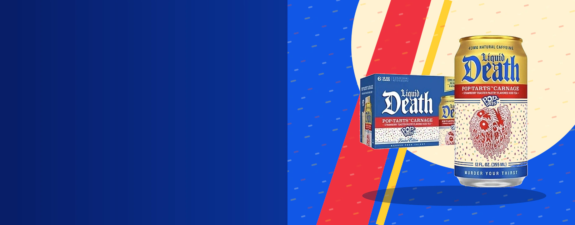Liquid Death x Pop-Tarts Carnage six-pack in a cobalt and strawberry-red campaign