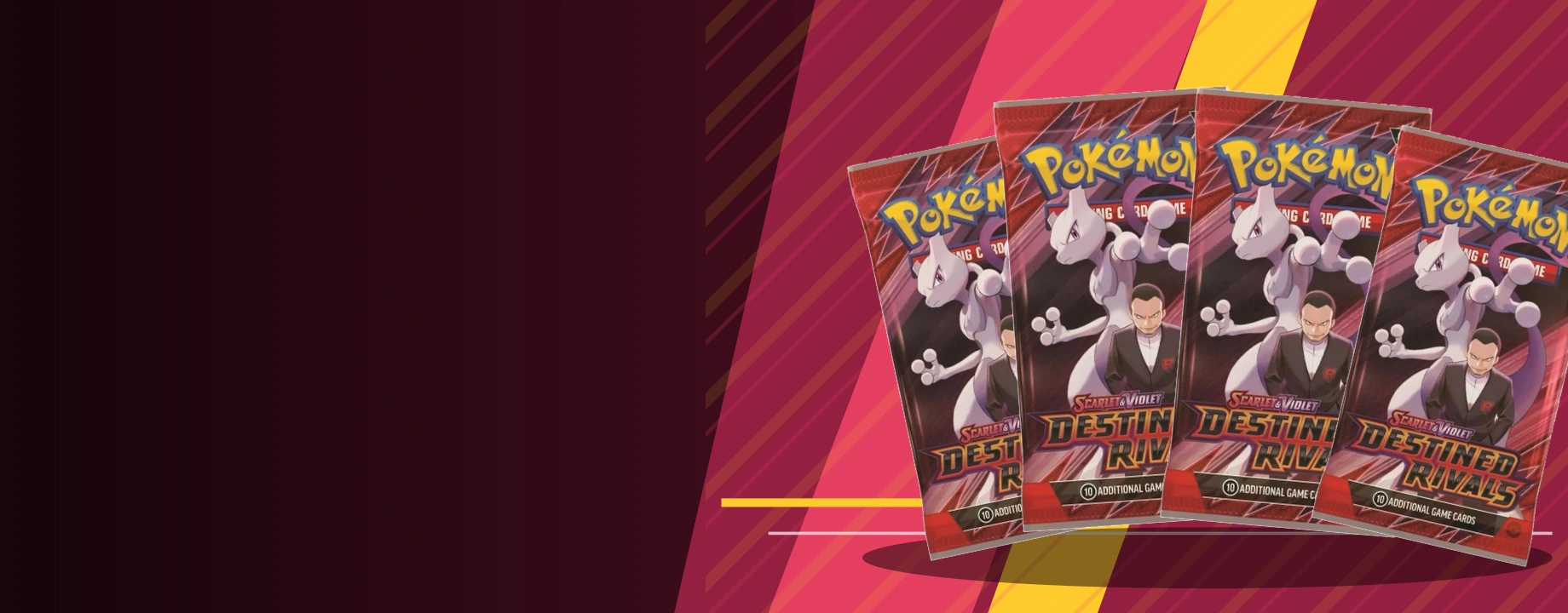 Four Pokemon Destined Rivals booster packs in a crimson collector campaign