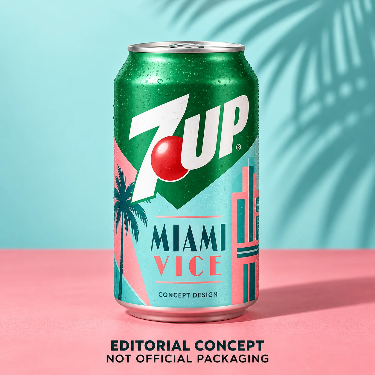 AI-generated editorial concept of a 7UP Miami Vice can, labeled not official packaging