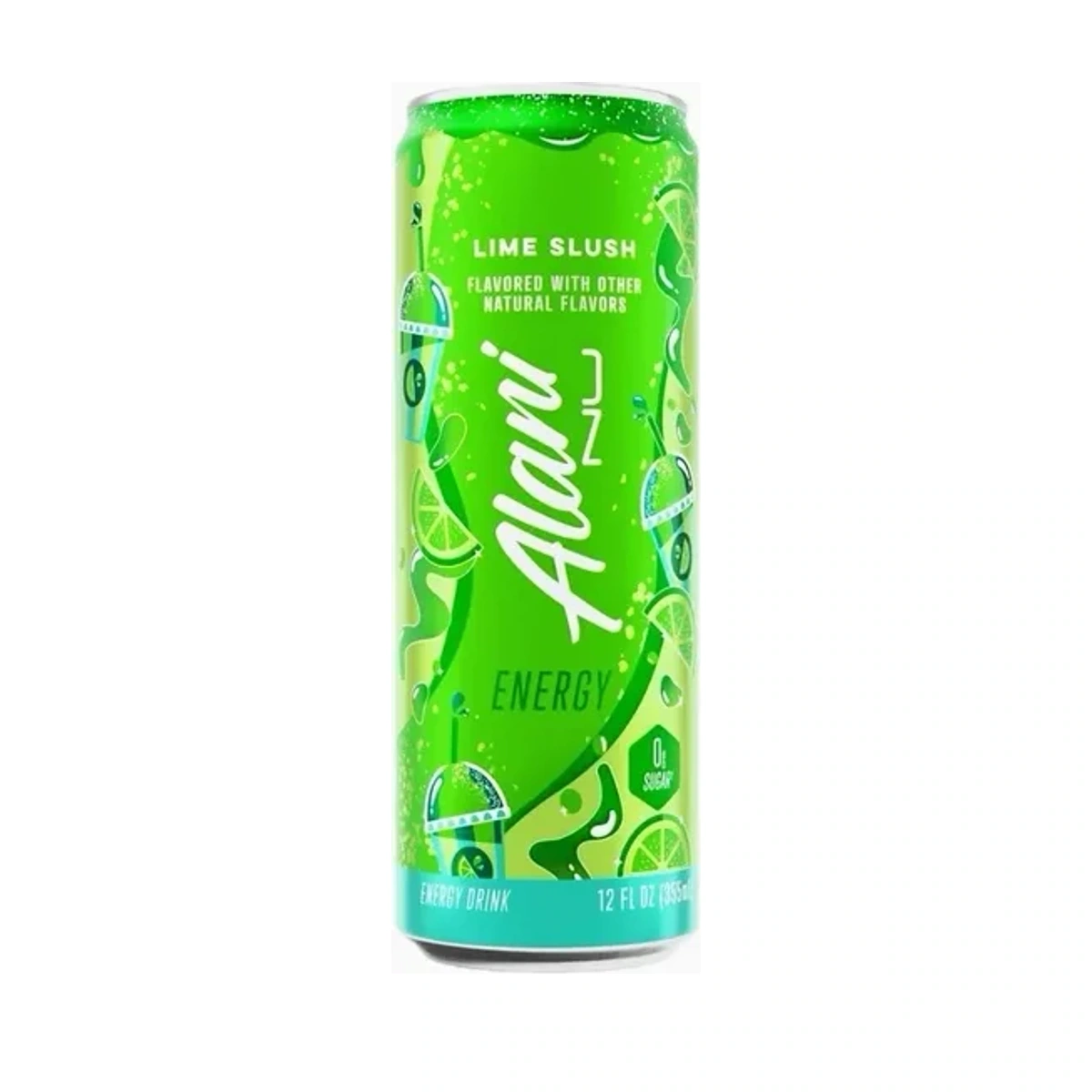 One bright green Alani Nu Lime Slush 12 ounce can