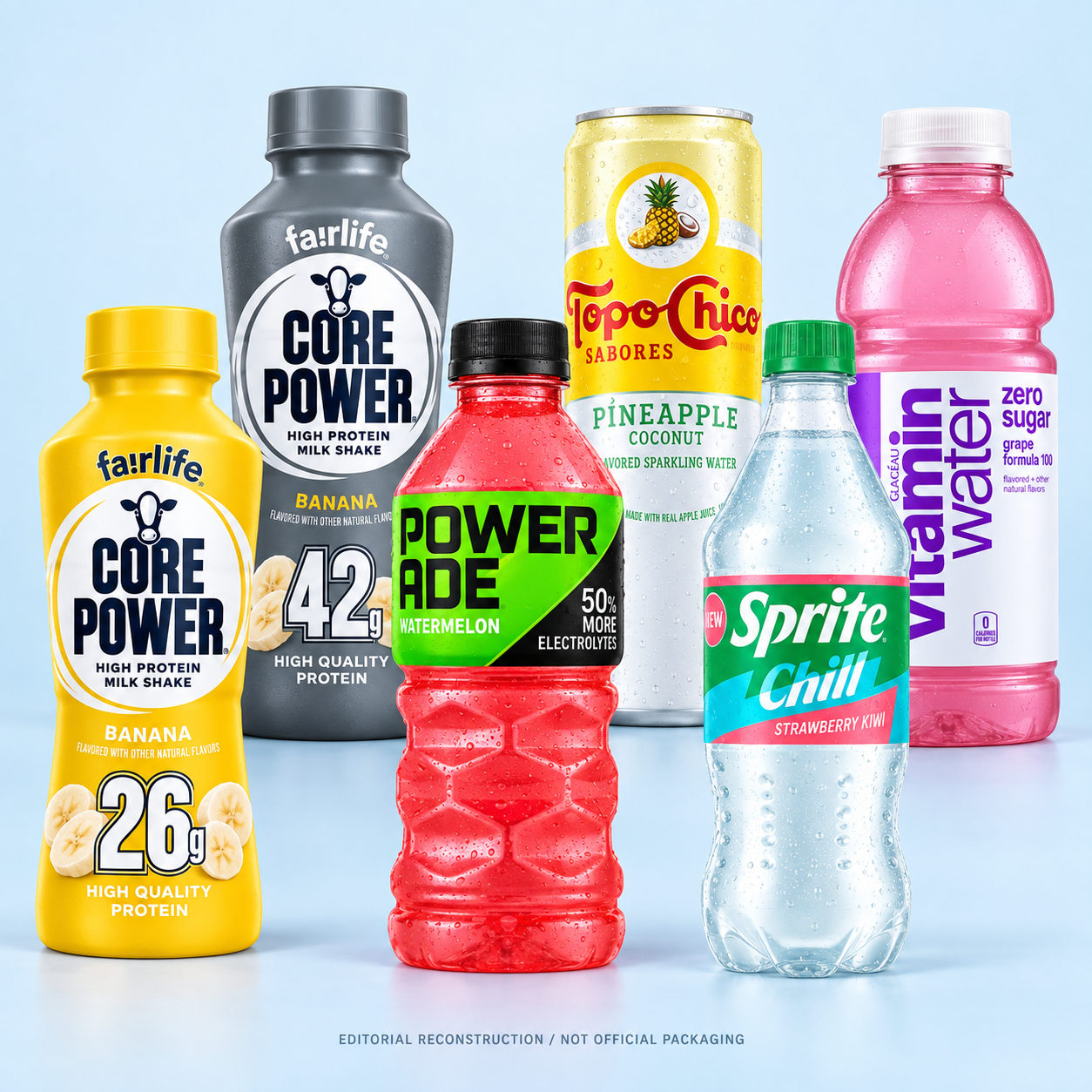 Editorial reconstruction of shared Core Power Banana, Powerade Watermelon, Sprite Strawberry Kiwi, Topo Chico Pineapple Coconut and vitaminwater Grape package concepts