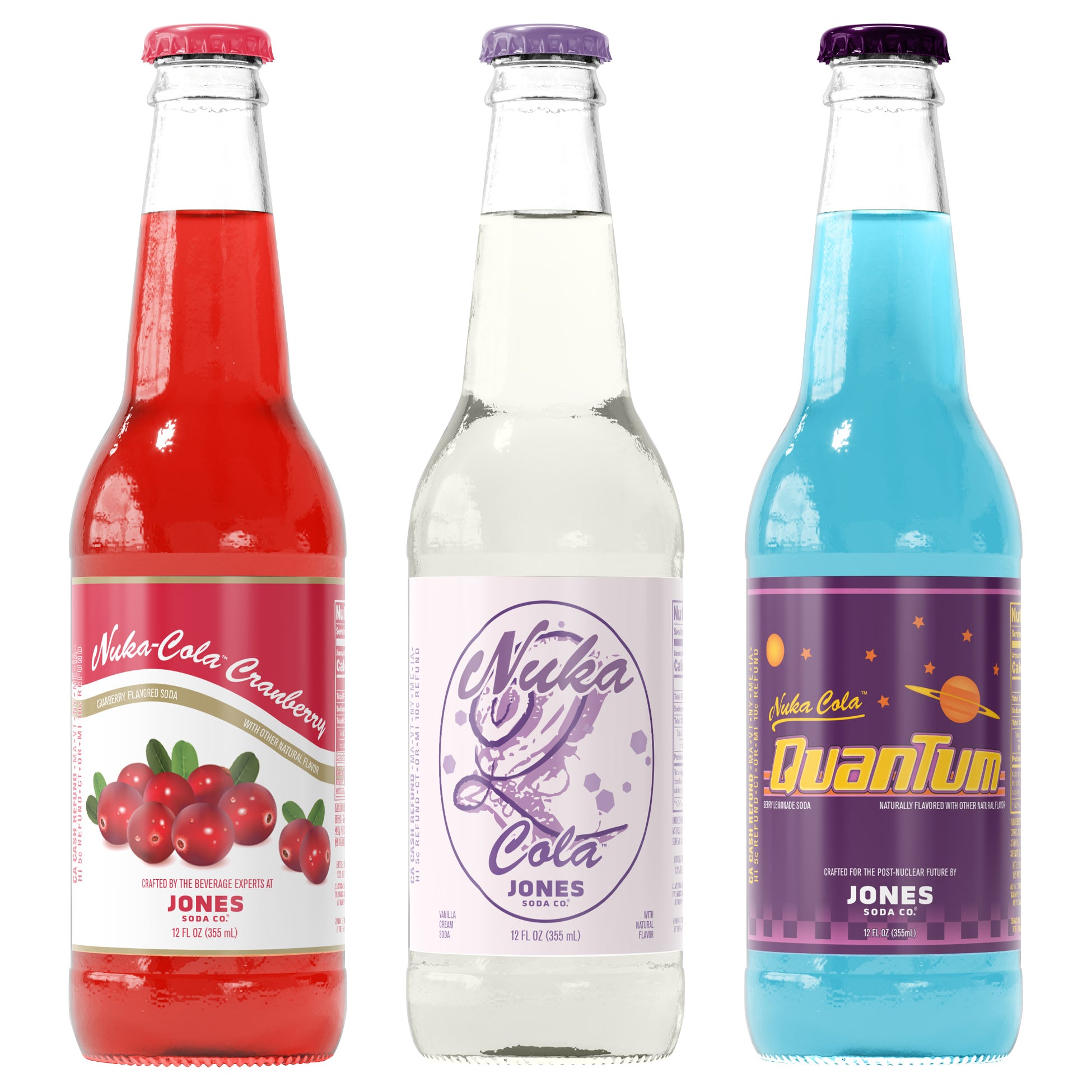 Jones Soda Nuka-Cola Cranberry, Quartz and Quantum bottles from the official Costco product listing