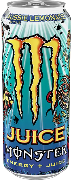 Single blue Monster Aussie Style Lemonade can with yellow lettering and illustrated underwater artwork
