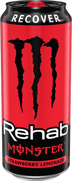 Single red Monster Rehab Strawberry Lemonade can with a black top and black Monster claw logo