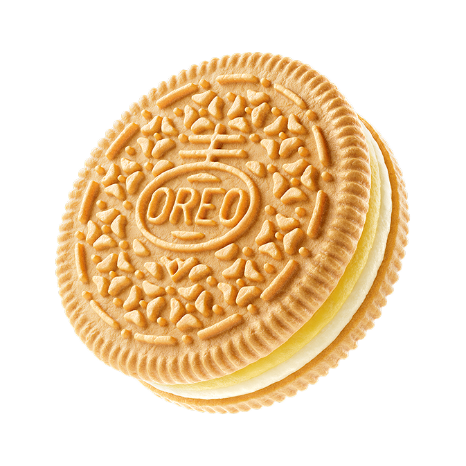 Official OREO Banana Pudding cookie image showing golden wafers and two layers of creme