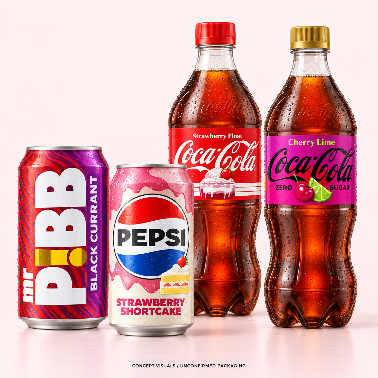Editorial reconstruction of four unconfirmed soda concepts: Mr. Pibb Black Currant, Pepsi Strawberry Shortcake, Coca-Cola Strawberry Float and Cherry Lime