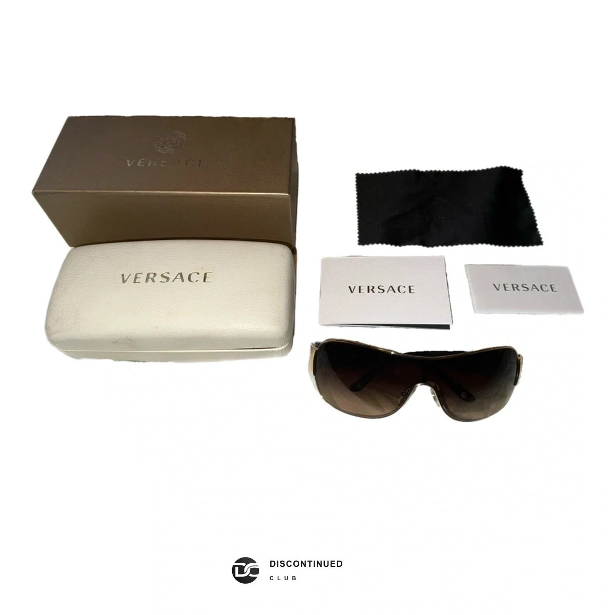Versace VE 2101 Gold Black Shield Sunglasses previously sold by Discontinued Club